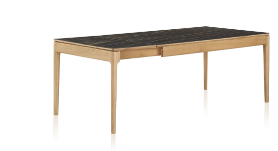 Extendable table for 8 to 12 people in oak and ceramic with ceramic extensions with natural stained wood and black marble effect ceramic top and extensions 160x100 cm