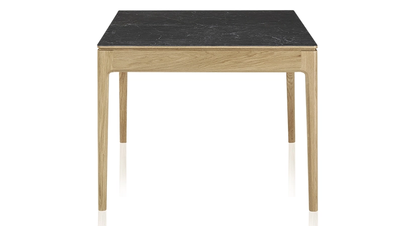 Extendable table for 8 to 12 people in oak and ceramic with ceramic extensions with natural stained wood and ceramic slate effect top and extensions 160x100 cm