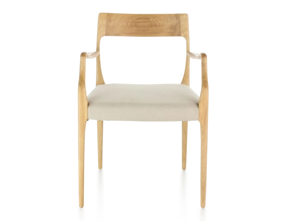 Scandinavian armchair with armrests natural wood stain camel fabric seat