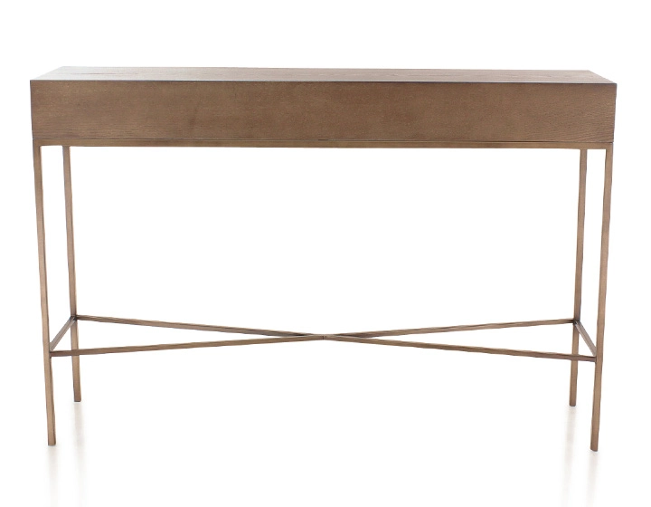 Console design frêne teinte noyer et métal patine laiton 100 cm Console design frêne teinte noyer et métal patine laiton 100 cm