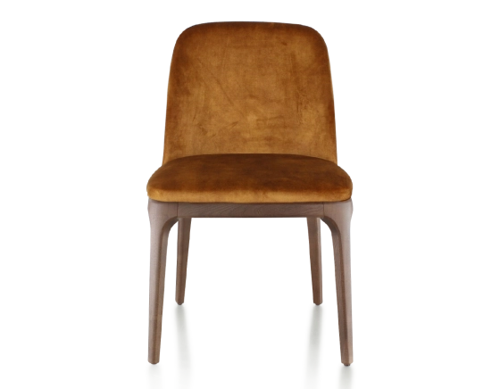 Designer chair dark brown stained wood and bronze velvet fabric