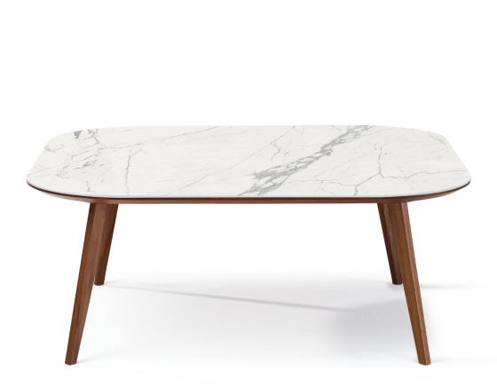 Table basse carré aux angles arrondis F2 en noyer et céramique bois teinte naturelle plateau céramique effet marbre blanc 110x110x40 cm