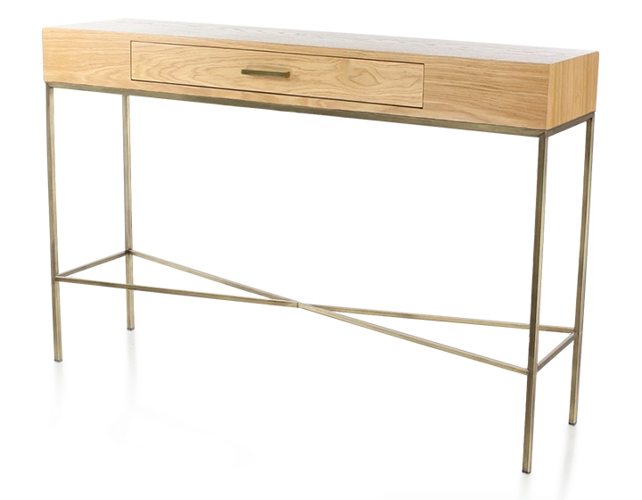 Console design frêne teinte naturelle et métal patine laiton Console design frêne teinte naturelle et métal patine laiton
