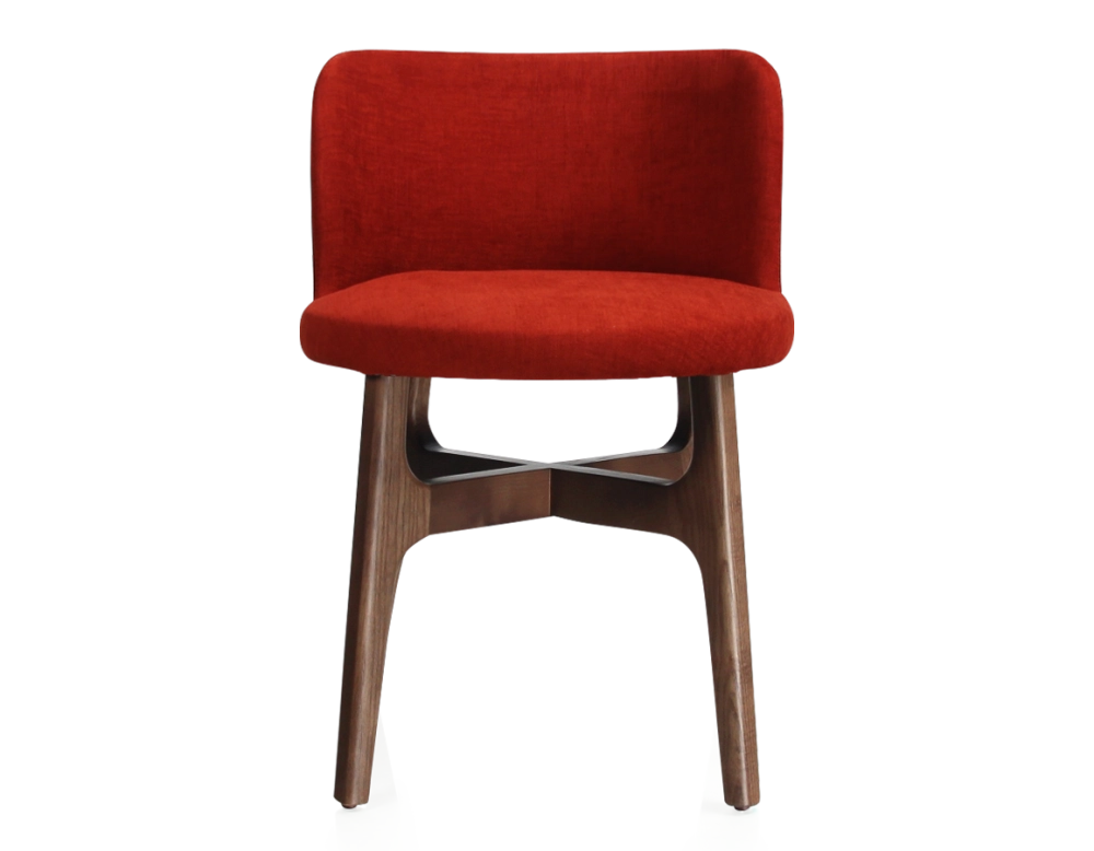 Chaise design bois teinte marron foncé assise tissu orange brulé Chaise design bois teinte marron foncé assise tissu orange brulé