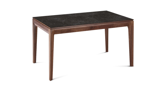 Table extensible 6 à 10 personnes en noyer et céramique allonges bois avec bois teinte naturelle et plateau céramique effet ardoise 140x90 cm