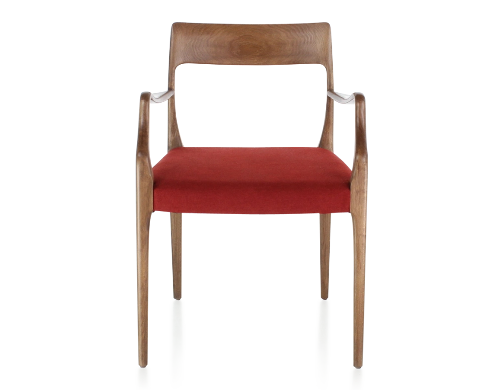 Chaise scandinave avec accoudoirs bois teinte noyer assise tissu bordeaux Chaise scandinave avec accoudoirs bois teinte noyer assise tissu bordeaux